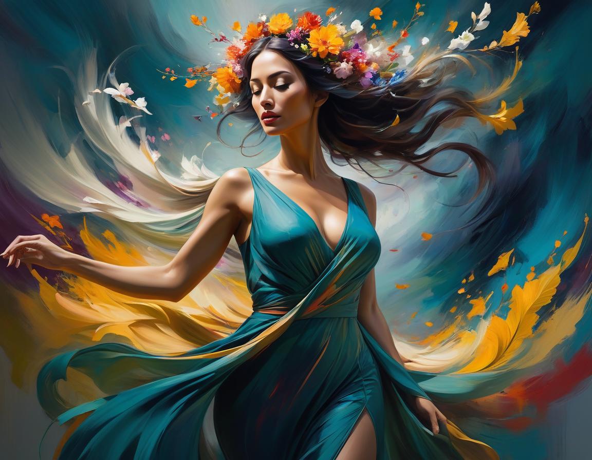  abstract expressionist painting An illustration of a woman with flowers in her hair and as part of her flowing attire, blending nature and beauty in a fantasy style . energetic brushwork, bold colors, abstract forms, expressive, emotional hyperrealistic, full body, detailed clothing, highly detailed, cinematic lighting, stunningly beautiful, intricate, sharp focus, f/1. 8, 85mm, (centered image composition), (professionally color graded), ((bright soft diffused light)), volumetric fog, trending on instagram, trending on tumblr, HDR 4K, 8K