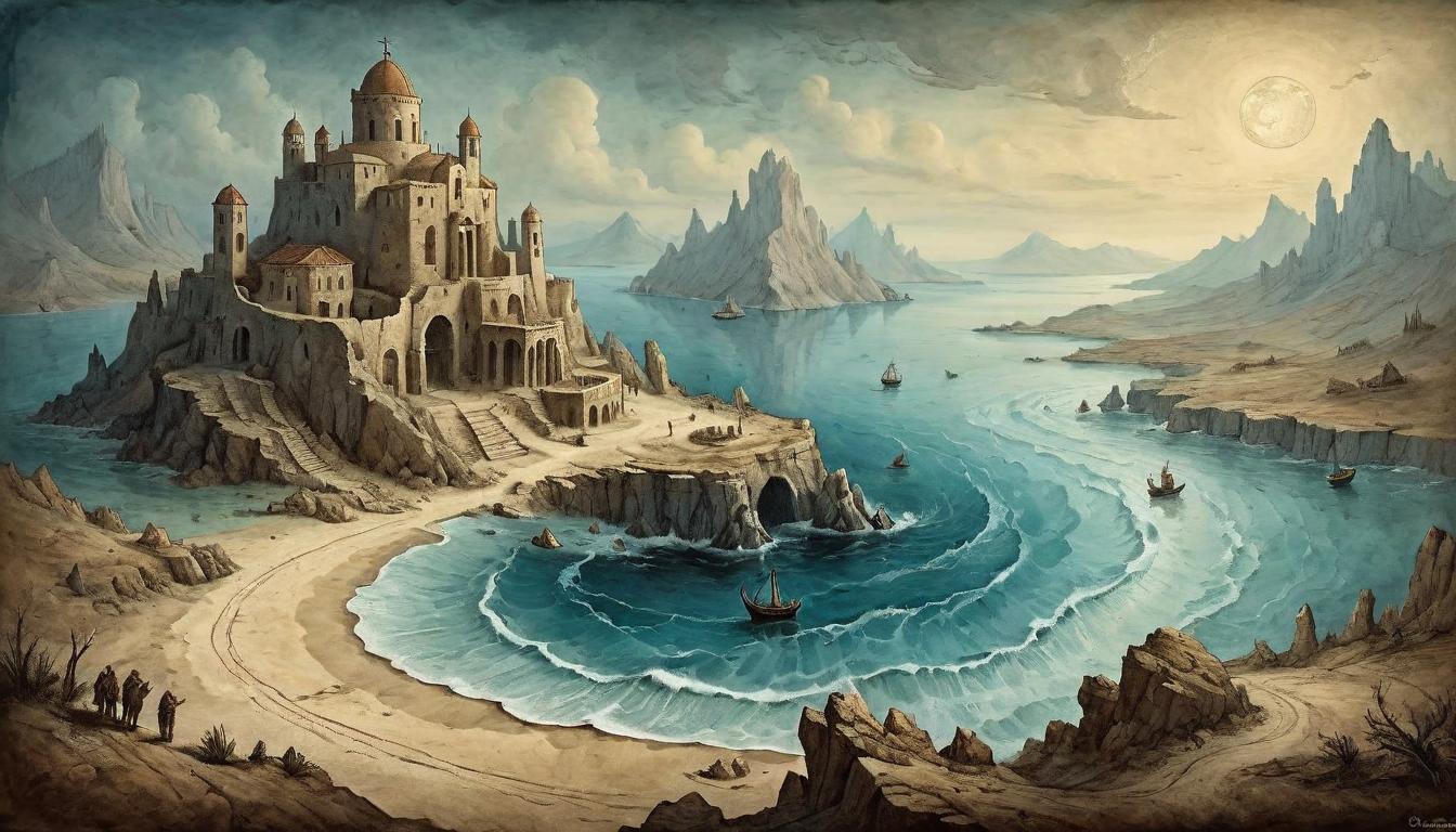  on parchment, surrealism+++, An array of rugged terrains and serene waters, symbolizing Odysseus' challenges and lessons. Textured lands, reflective waters, journeys intertwine, natural beauty, insight, transformation.(mysterious, provocative, symbolic,muted color)+++