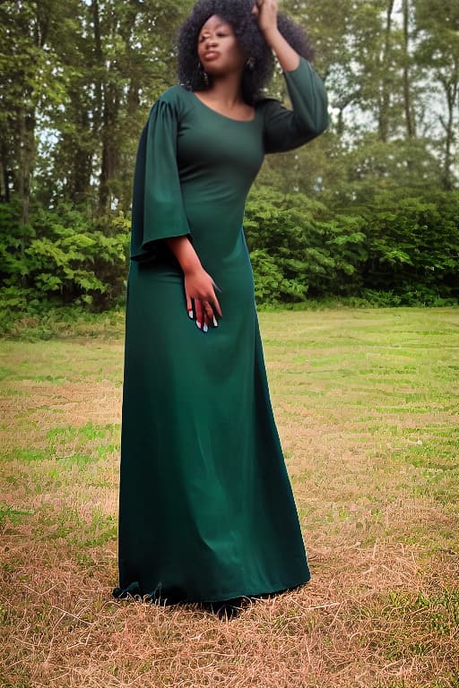  Full portrait of a beautiful black woman with brown hair in green long dress with structured sleeve