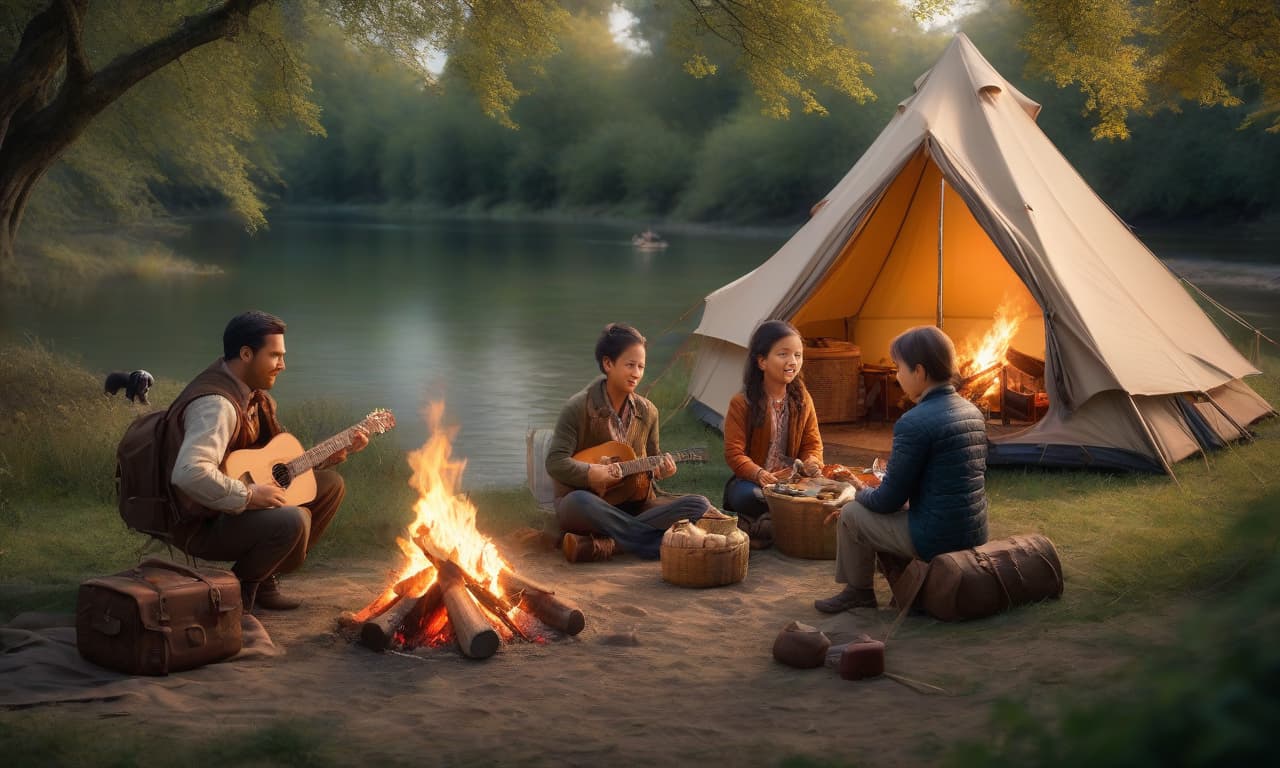  Picnic by the riverbank, a closed tent, children set up a bonfire nearby, singing songs and playing guitar, a dog is nearby. hyperrealistic, full body, detailed clothing, highly detailed, cinematic lighting, stunningly beautiful, intricate, sharp focus, f/1. 8, 85mm, (centered image composition), (professionally color graded), ((bright soft diffused light)), volumetric fog, trending on instagram, trending on tumblr, HDR 4K, 8K