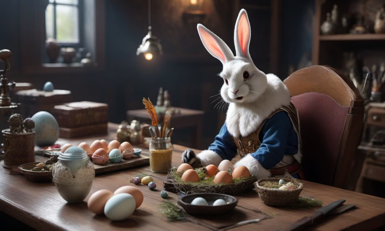  cinematic photo Easter bunny 3D artist who lives in the Warhammer 40,000 universe, who sits at the table and works on a graphics tablet, and painted chicken eggs lie on the table next to him . 35mm photograph, film, bokeh, professional, 4k, highly detailed hyperrealistic, full body, detailed clothing, highly detailed, cinematic lighting, stunningly beautiful, intricate, sharp focus, f/1. 8, 85mm, (centered image composition), (professionally color graded), ((bright soft diffused light)), volumetric fog, trending on instagram, trending on tumblr, HDR 4K, 8K