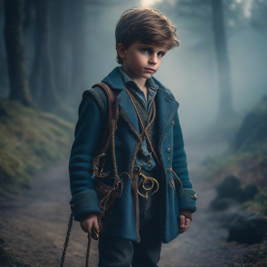  A boy with a hook hand hyperrealistic, full body, detailed clothing, highly detailed, cinematic lighting, stunningly beautiful, intricate, sharp focus, f/1. 8, 85mm, (centered image composition), (professionally color graded), ((bright soft diffused light)), volumetric fog, trending on instagram, trending on tumblr, HDR 4K, 8K