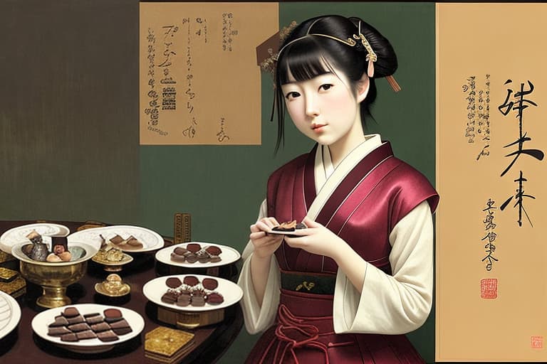  Attractive Beautiful young modern Japanese girl dressed in imperial attire with moist parted lips. Foreground is plates of fine dark chocolates. Background is an exclusive Japanese restaurant . Painting style of Edgar Degas