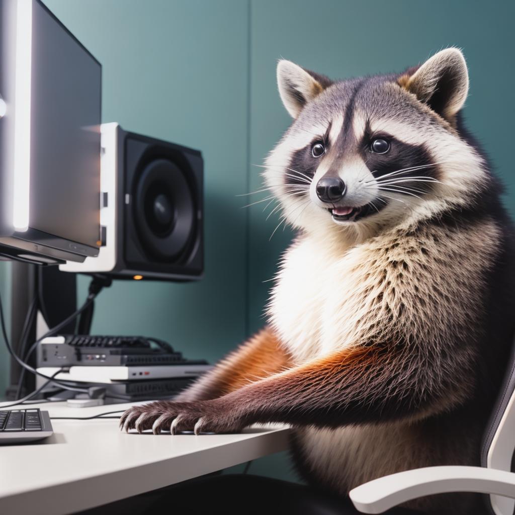  raccoon sitting in gaming chair front a computer on desktop, ((semi anthropomorphic)),(full body), tail, belly, sitting, fat, (chubby), (((white background))), solo, desktop, gaming chair, side view,  [[[clothes]]] hyperrealistic, full body, detailed clothing, highly detailed, cinematic lighting, stunningly beautiful, intricate, sharp focus, f/1. 8, 85mm, (centered image composition), (professionally color graded), ((bright soft diffused light)), volumetric fog, trending on instagram, trending on tumblr, HDR 4K, 8K