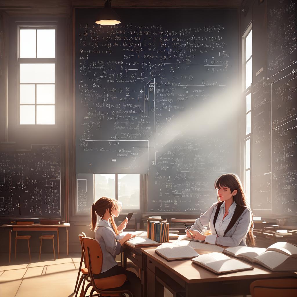  ((masterpiece)),(((best quality))), 8k, high detailed, ultra-detailed. A girl sitting in a classroom. A girl, (blackboard with equations), (books and notebooks on the desk), (rays of sunlight through the window), (colorful posters on the walls). hyperrealistic, full body, detailed clothing, highly detailed, cinematic lighting, stunningly beautiful, intricate, sharp focus, f/1. 8, 85mm, (centered image composition), (professionally color graded), ((bright soft diffused light)), volumetric fog, trending on instagram, trending on tumblr, HDR 4K, 8K