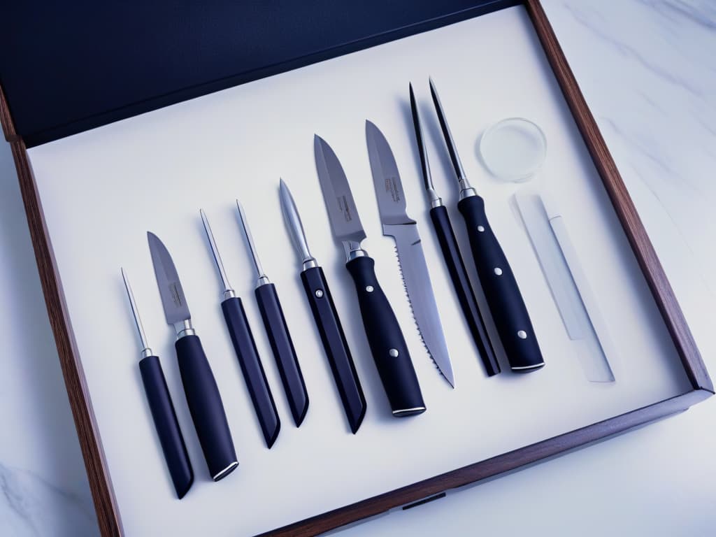  An ultradetailed image of a sleek, modern kitchen knife set specifically designed for precision pastry work, featuring razorsharp blades, ergonomic handles, and a stylish minimalist design. The knives are arranged neatly on a clean, white marble countertop, with soft natural lighting casting subtle shadows to emphasize their impeccable craftsmanship and highquality materials. Each knife reflects the precision and elegance expected from toptier pastry tools, embodying the essence of professional mastery and precision in the art of pastry making. hyperrealistic, full body, detailed clothing, highly detailed, cinematic lighting, stunningly beautiful, intricate, sharp focus, f/1. 8, 85mm, (centered image composition), (professionally color graded), ((bright soft diffused light)), volumetric fog, trending on instagram, trending on tumblr, HDR 4K, 8K