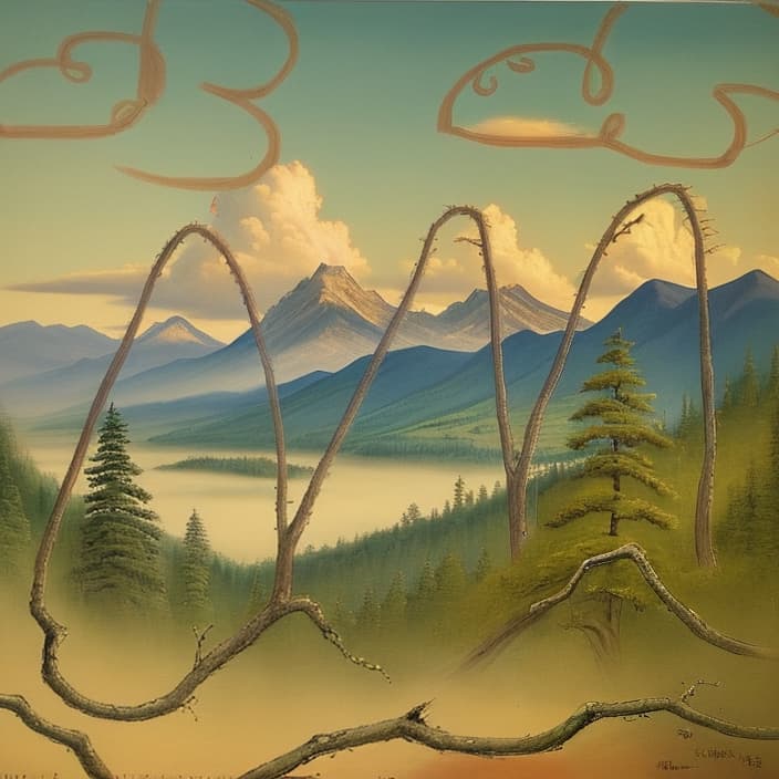  Chinese and distant, autu painting, mountains,clouds,ethereal mn colors, ancient trees,