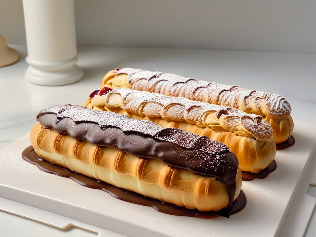  An ultradetailed, 8K image of a perfectly arranged tray of freshly baked éclairs, each one delicately garnished with a sprinkle of powdered sugar and a vibrant raspberry on top. The éclairs are placed on a sleek, modern marble countertop, with soft natural light casting elegant shadows, highlighting their glossy chocolate glaze and fluffy pastry texture. The image captures the essence of indulgence and sophistication, inviting the viewer to savor the luscious treat while embodying the concept of healthy yet decadent éclairs. hyperrealistic, full body, detailed clothing, highly detailed, cinematic lighting, stunningly beautiful, intricate, sharp focus, f/1. 8, 85mm, (centered image composition), (professionally color graded), ((bright soft diffused light)), volumetric fog, trending on instagram, trending on tumblr, HDR 4K, 8K