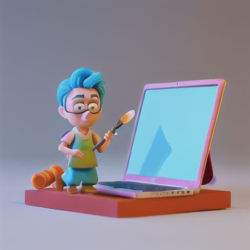  3D clay model of a stylized illustration of a cartoon character holding a paintbrush and a laptop, miniature size, pastel colors,  soft lighting, 3d blender render