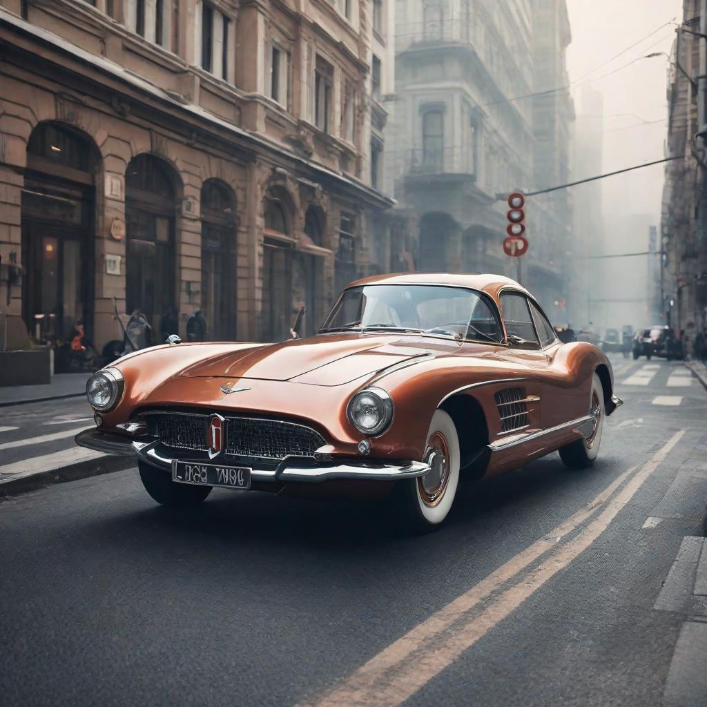  classic futuristic car on the street of the metropolis, cute, hyper detail, full HD hyperrealistic, full body, detailed clothing, highly detailed, cinematic lighting, stunningly beautiful, intricate, sharp focus, f/1. 8, 85mm, (centered image composition), (professionally color graded), ((bright soft diffused light)), volumetric fog, trending on instagram, trending on tumblr, HDR 4K, 8K