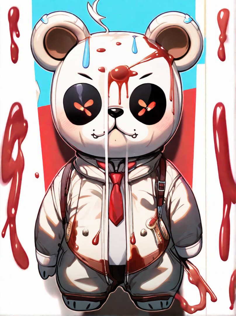  , a cute guilt robot bear, sticker, akira toriyama , white background,murder bear, bloody , dripping blood,bloody trump head on ground<lora:halloween-makeup:0.611442192070714><lora:illustration-style:0.5510823383333963><lora:rionrtlora:0.3940987072444164><lora:margiela-ss24:0.35833211775159257> hyperrealistic, full body, detailed clothing, highly detailed, cinematic lighting, stunningly beautiful, intricate, sharp focus, f/1. 8, 85mm, (centered image composition), (professionally color graded), ((bright soft diffused light)), volumetric fog, trending on instagram, trending on tumblr, HDR 4K, 8K