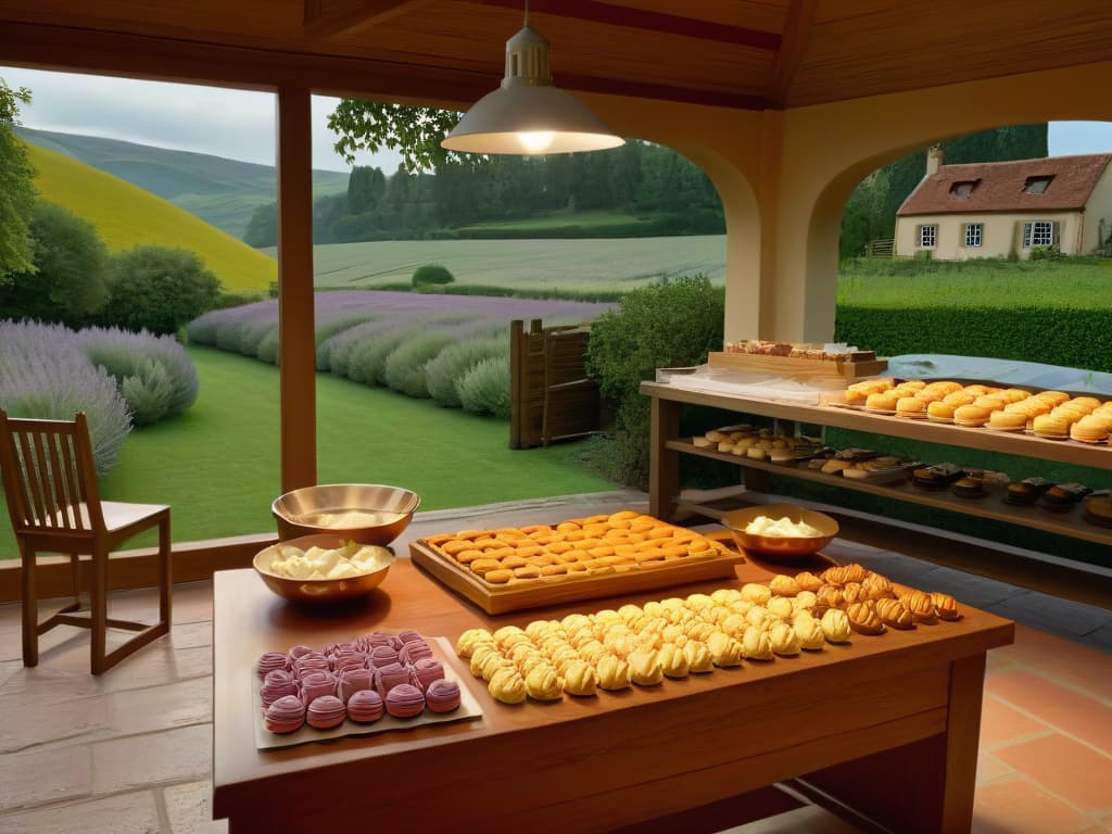  A photorealistic image of a serene bakery retreat set in the picturesque countryside, showcasing a charming stone cottage surrounded by blooming lavender fields and rolling hills. The scene captures the warm glow of the setting sun casting a golden hue over the landscape, with a rustic wooden table outside the cottage adorned with freshly baked pastries and colorful macarons. A group of diverse individuals, each deeply engaged in the art of pastry making, are gathered around the table, their faces reflecting a sense of joy and inspiration as they exchange culinary tips and techniques. The image conveys a peaceful yet vibrant atmosphere, inviting viewers to immerse themselves in the world of sweet delights and creative rejuvenation. hyperrealistic, full body, detailed clothing, highly detailed, cinematic lighting, stunningly beautiful, intricate, sharp focus, f/1. 8, 85mm, (centered image composition), (professionally color graded), ((bright soft diffused light)), volumetric fog, trending on instagram, trending on tumblr, HDR 4K, 8K