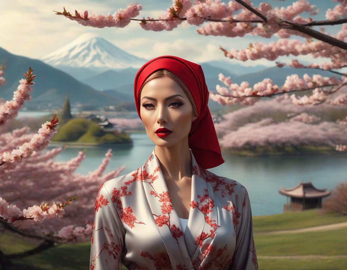  surrealist art A digital art portrait of a woman with a red headscarf, cherry blossoms in her hair, and serene landscape in the background. . dreamlike, mysterious, provocative, symbolic, intricate, detailed hyperrealistic, full body, detailed clothing, highly detailed, cinematic lighting, stunningly beautiful, intricate, sharp focus, f/1. 8, 85mm, (centered image composition), (professionally color graded), ((bright soft diffused light)), volumetric fog, trending on instagram, trending on tumblr, HDR 4K, 8K