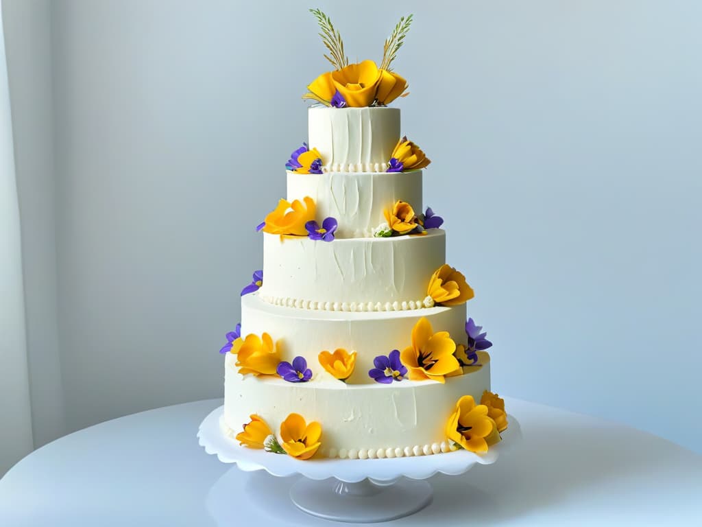  A stunning, ultradetailed image of an elaborate tiered vegan wedding cake, intricately decorated with vibrant edible flowers and delicate fondant designs, set against a simple, elegant white backdrop. The cake stands tall, showcasing layers of moist sponge and creamy frosting, exuding an air of sophistication and artistry that perfectly captures the essence of vegan pastry success at grand events. hyperrealistic, full body, detailed clothing, highly detailed, cinematic lighting, stunningly beautiful, intricate, sharp focus, f/1. 8, 85mm, (centered image composition), (professionally color graded), ((bright soft diffused light)), volumetric fog, trending on instagram, trending on tumblr, HDR 4K, 8K