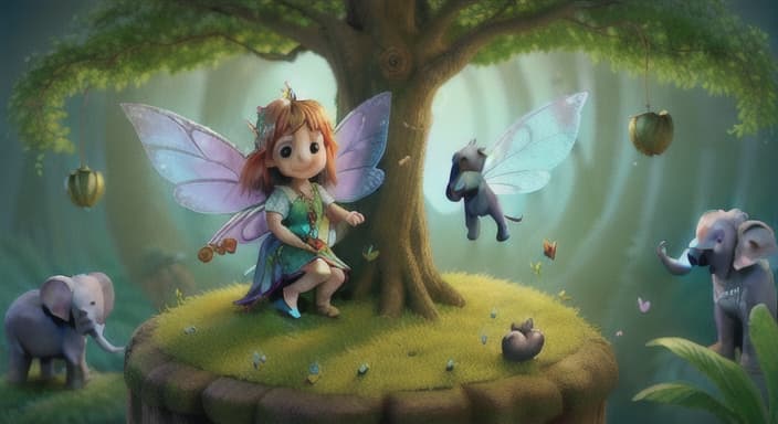  {The fairy perched on top of the tree waving at the elephant., The fairy is tiny with shimmering wings and a glowing smile.