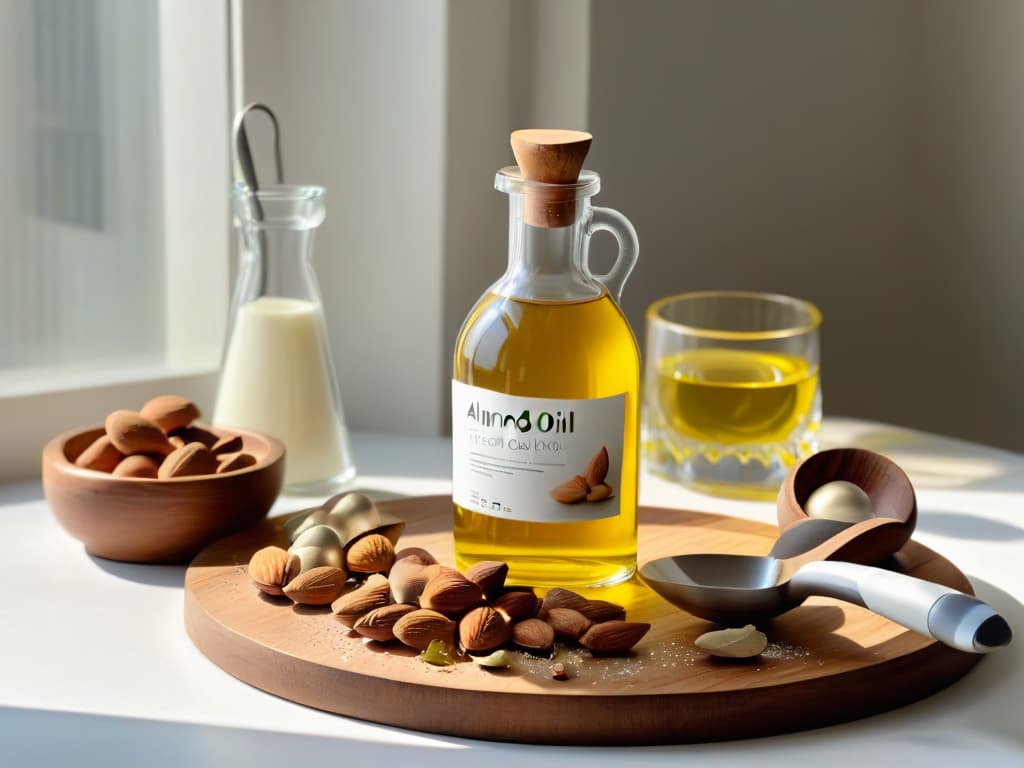  An ultradetailed image of a sleek, modern kitchen countertop with a variety of baking ingredients neatly arranged: a bottle of highquality almond oil, a pile of raw almonds, a stack of measuring cups, a wooden spoon, and a mixing bowl. The sunlight streaming in through a nearby window casts a soft, warm glow on the scene, emphasizing the natural, organic elements of the ingredients. The composition is minimalist yet sophisticated, highlighting the beauty and simplicity of using almond oil in baking. hyperrealistic, full body, detailed clothing, highly detailed, cinematic lighting, stunningly beautiful, intricate, sharp focus, f/1. 8, 85mm, (centered image composition), (professionally color graded), ((bright soft diffused light)), volumetric fog, trending on instagram, trending on tumblr, HDR 4K, 8K