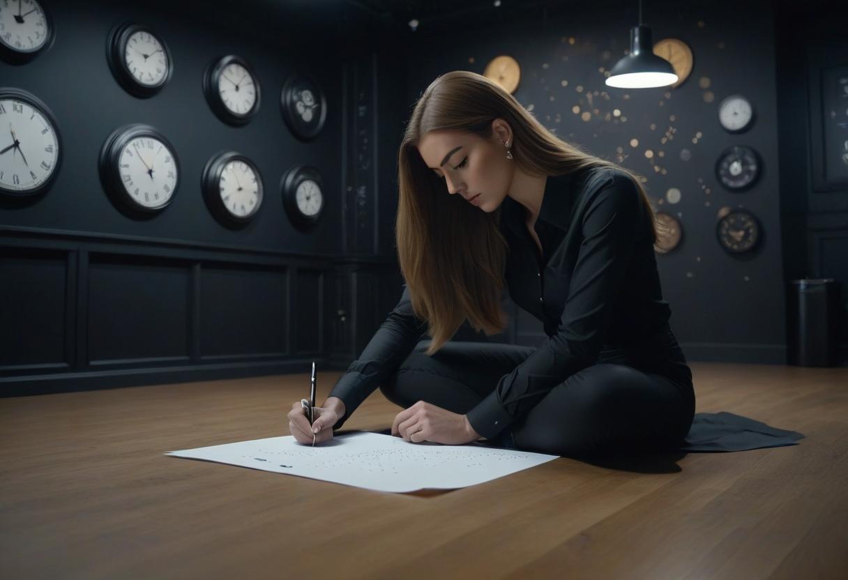  A girl with long hair in a black shirt writes dots on a piece of paper, sits on the floor. In the background, there are large black clocks with pointers. Photos of a man are scattered everywhere. hyperrealistic, full body, detailed clothing, highly detailed, cinematic lighting, stunningly beautiful, intricate, sharp focus, f/1. 8, 85mm, (centered image composition), (professionally color graded), ((bright soft diffused light)), volumetric fog, trending on instagram, trending on tumblr, HDR 4K, 8K