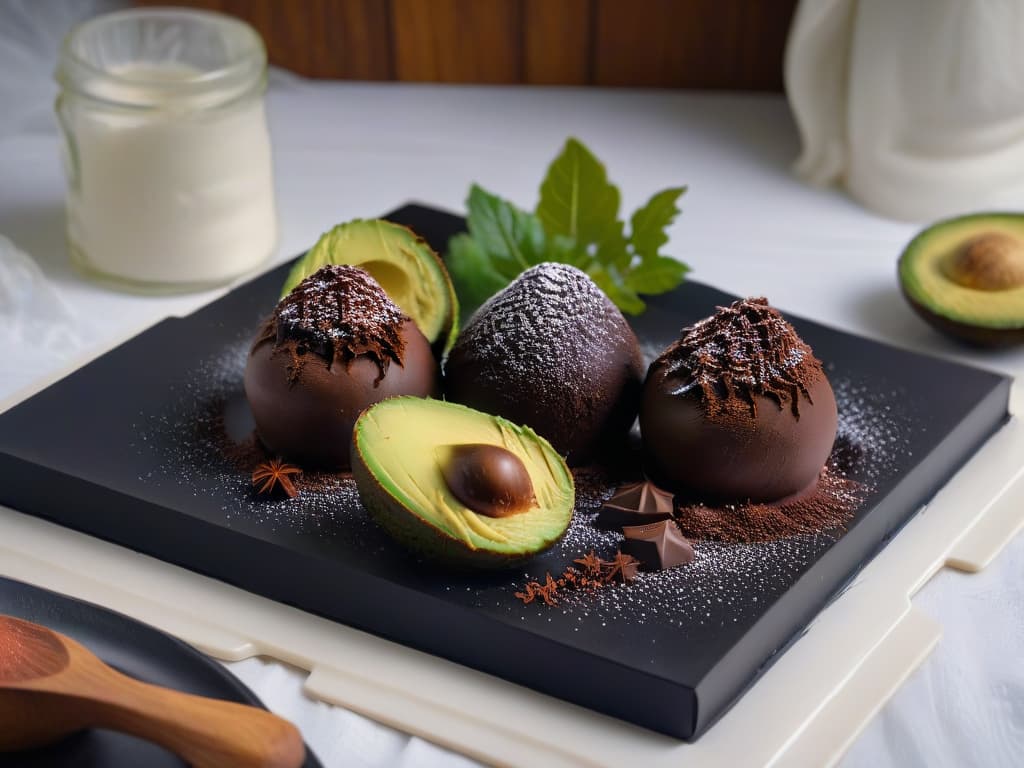  A highresolution, minimalist image of a dark chocolate truffle with a creamy avocado center, elegantly decorated with a sprinkle of cocoa powder on a sleek, matte black plate. The focus is on the smooth texture and rich colors of the truffle, highlighting the fusion of chocolate and avocado in a visually striking and appetizing way. hyperrealistic, full body, detailed clothing, highly detailed, cinematic lighting, stunningly beautiful, intricate, sharp focus, f/1. 8, 85mm, (centered image composition), (professionally color graded), ((bright soft diffused light)), volumetric fog, trending on instagram, trending on tumblr, HDR 4K, 8K