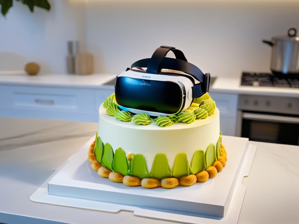  An ultradetailed, highresolution image of a virtual reality headset placed delicately on a pristine marble countertop. The VR headset is illuminated by a soft, warm light that casts a gentle glow on the sleek, modern kitchen surrounding it. The reflection of a vibrant, intricately decorated cake can be seen on the lenses of the headset, hinting at the immersive world of pastrymaking awaiting those who dare to explore the realm of virtual reality baking courses. hyperrealistic, full body, detailed clothing, highly detailed, cinematic lighting, stunningly beautiful, intricate, sharp focus, f/1. 8, 85mm, (centered image composition), (professionally color graded), ((bright soft diffused light)), volumetric fog, trending on instagram, trending on tumblr, HDR 4K, 8K