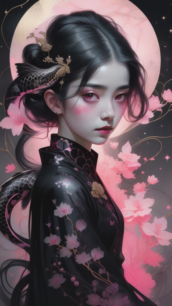  photo RAW, (Black, neon pink and magenta : Portrait of 2 ghostly long tailed black koi, (hispanic woman:1.5), shiny aura, highly detailed, black pearls, gold and coral filigree, intricate motifs, organic tracery, Kiernan Shipka, Januz Miralles, Hikari Shimoda, glowing stardust by W. Zelmer, perfect composition, smooth, sharp focus, sparkling particles, lively coral reef colored background Realistic, realism, hd, 35mm photograph, 8k), masterpiece, award winning photography, natural light, perfect composition, high detail, hyper realistic, add depth, water background hyperrealistic, full body, detailed clothing, highly detailed, cinematic lighting, stunningly beautiful, intricate, sharp focus, f/1. 8, 85mm, (centered image composition), (professionally color graded), ((bright soft diffused light)), volumetric fog, trending on instagram, trending on tumblr, HDR 4K, 8K
