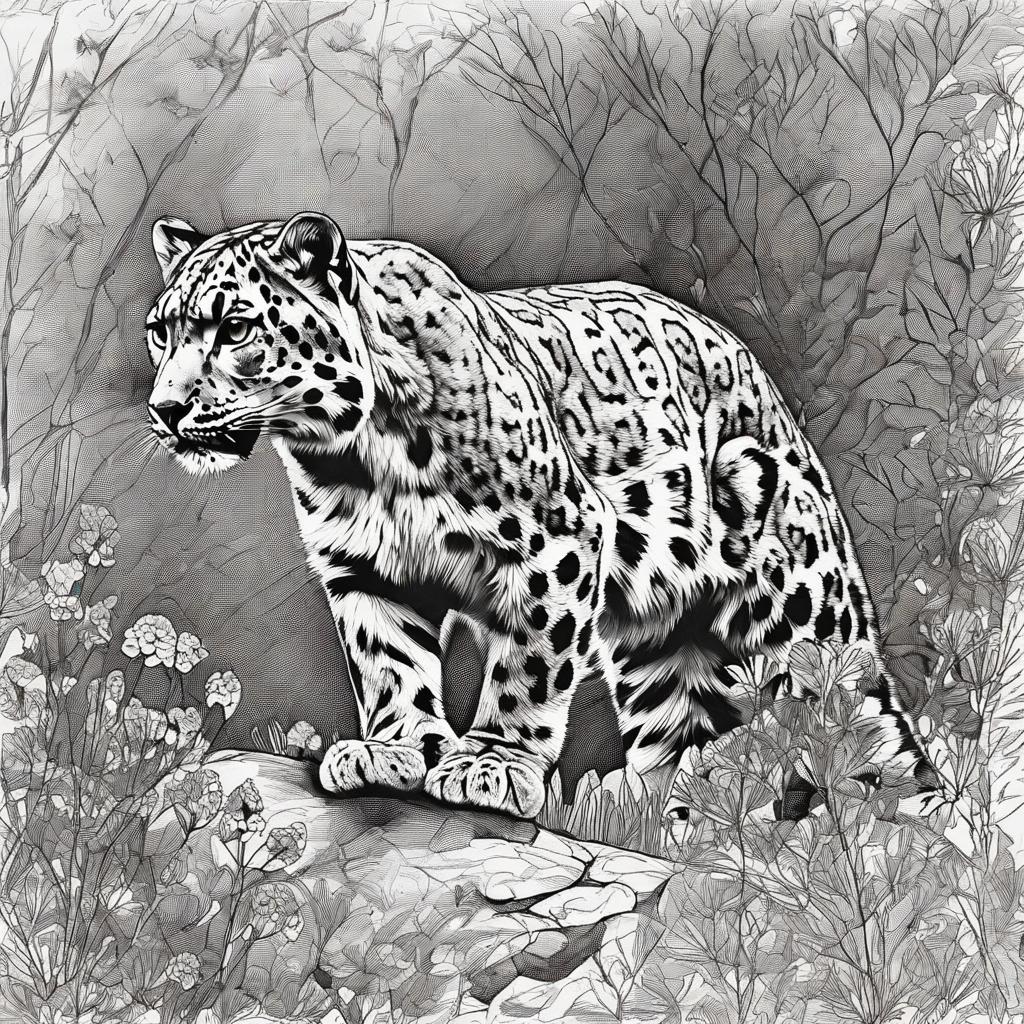  masterpiece, best quality, snow leopard, tiger and lynx playing, woods, flowers, cosmic, feminin, fineline, black and white, 3 big cats