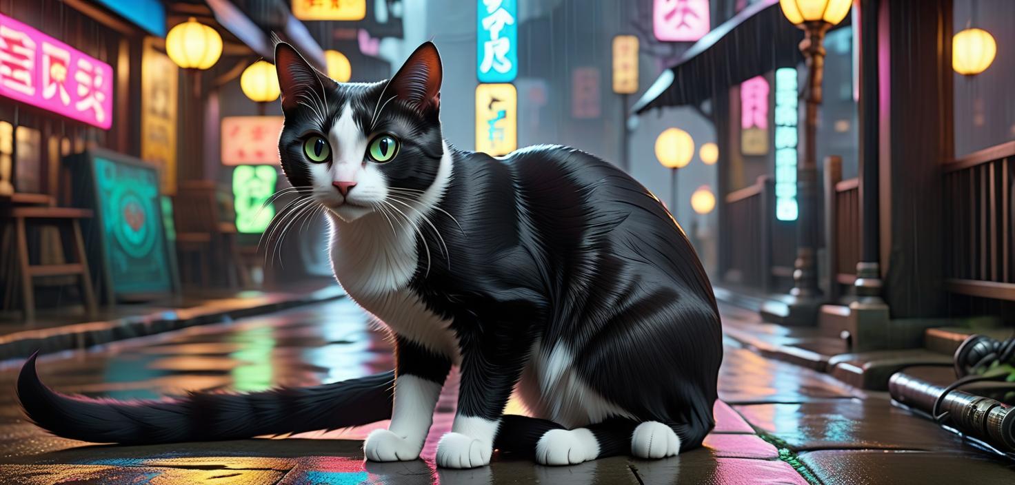  Legend of Zelda style A black and white cat, its tail thin and raised upwards, has a mechanical eye, sitting on a rainy street, surrounded by bars, clubs, looking at us, cyberpunk, neon signs, night. . vibrant, fantasy, detailed, epic, heroic, reminiscent of The Legend of Zelda series hyperrealistic, full body, detailed clothing, highly detailed, cinematic lighting, stunningly beautiful, intricate, sharp focus, f/1. 8, 85mm, (centered image composition), (professionally color graded), ((bright soft diffused light)), volumetric fog, trending on instagram, trending on tumblr, HDR 4K, 8K