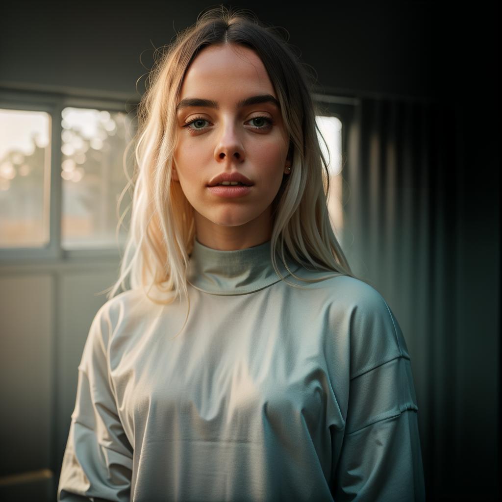  Billie eilish big hyperrealistic, full body, detailed clothing, highly detailed, cinematic lighting, stunningly beautiful, intricate, sharp focus, f/1. 8, 85mm, (centered image composition), (professionally color graded), ((bright soft diffused light)), volumetric fog, trending on instagram, trending on tumblr, HDR 4K, 8K