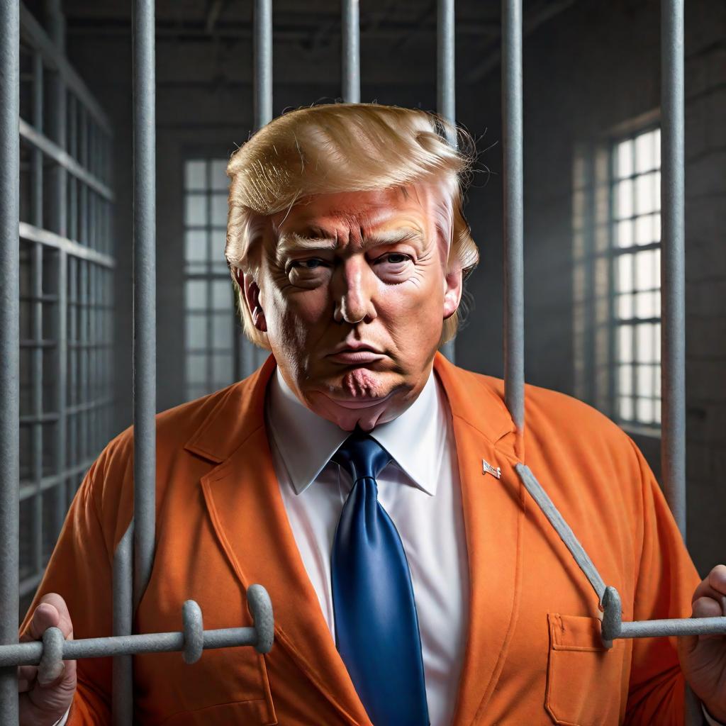  Fat Donald Trump in orange onesie in jail behind bars hyperrealistic, full body, detailed clothing, highly detailed, cinematic lighting, stunningly beautiful, intricate, sharp focus, f/1. 8, 85mm, (centered image composition), (professionally color graded), ((bright soft diffused light)), volumetric fog, trending on instagram, trending on tumblr, HDR 4K, 8K