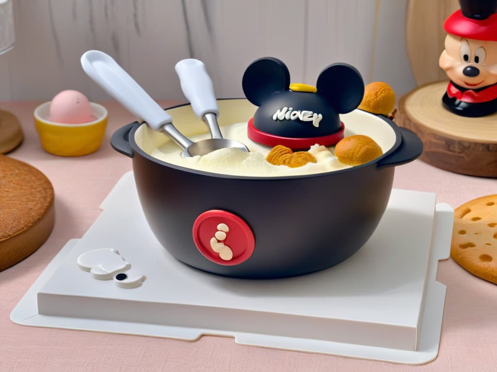  An ultradetailed 8k image of a sleek, modern kitchen countertop adorned with a curated selection of highquality Disneythemed baking utensils. The shot focuses on a set of vibrant Mickey Mouse measuring cups, a subtle Minnie Mouse rolling pin, and a chic Cinderellathemed mixing bowl, all arranged artfully against a backdrop of polished marble. The utensils gleam under the soft ambient lighting, showcasing their intricate designs and impeccable craftsmanship, inviting viewers to elevate their baking experience with these original Disney kitchen tools. hyperrealistic, full body, detailed clothing, highly detailed, cinematic lighting, stunningly beautiful, intricate, sharp focus, f/1. 8, 85mm, (centered image composition), (professionally color graded), ((bright soft diffused light)), volumetric fog, trending on instagram, trending on tumblr, HDR 4K, 8K