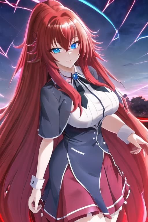  hisuian zoroark fusion,masterpiece, best quality, 1women, long red hair, looking at viewer, :3, cute, black school uniform, outdoors, streets, cowboy shot, curvy, (((blue eyes))), rias gremory, red hair, antenna hair, wavy hair, ((beautiful detailed eyes, beautiful detailed glow, lots of glow)), anime screencap