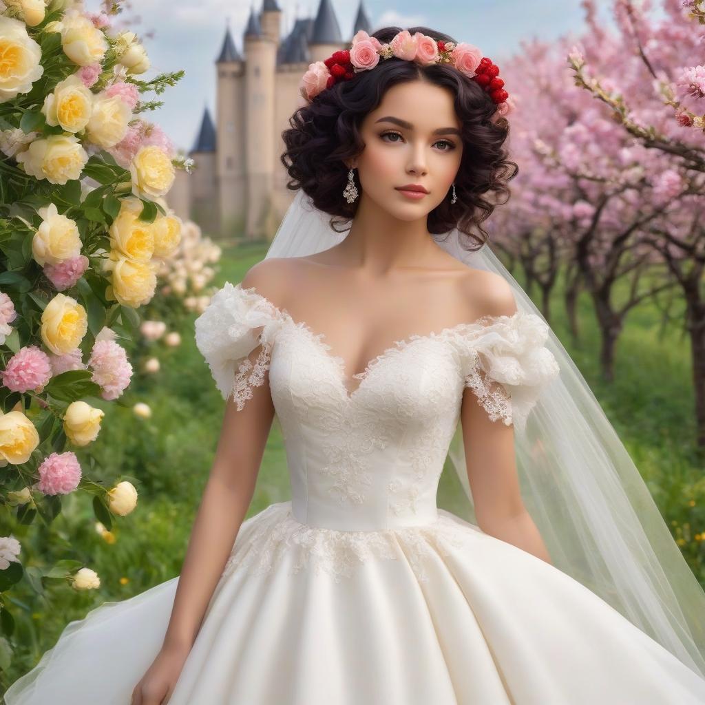  A masterpiece. Very beautiful girl with black curls gathered upwards. Beautiful hairstyle. White wedding fitted dress with lace. Elegance. Very beautiful dress. Brown eyes. Happy look. No pomp, just elegance. (Sparkling rim)): spring field, hyacinths, roses, rosehips, rose hips, peonies, cherry tree, yellow, red. Castle. Realism, rococo, surrealist abstraction. Alfonso Mucha, Honoré Fargonard. The Emerald Palace, the towers. Holobue sky. Golden spires, Gothic style. Fantasy, fairy tale. Poppy field in front of palace. Honoré Fargonard, Alfonso Mucha. Emerald stones, Green Alley. hyperrealistic, full body, detailed clothing, highly detailed, cinematic lighting, stunningly beautiful, intricate, sharp focus, f/1. 8, 85mm, (centered image composition), (professionally color graded), ((bright soft diffused light)), volumetric fog, trending on instagram, trending on tumblr, HDR 4K, 8K