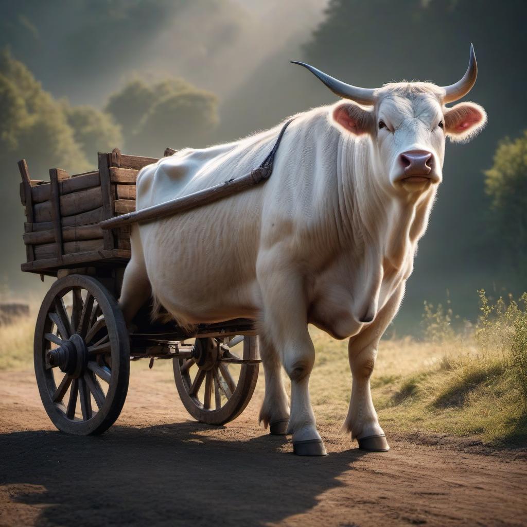  professional 3d model Draw a four wheeled, wooden, very good handcart with a yoked white bull, the cart is turned sideways in front of it, the bull is a live animal, and the cart is highly realistic with which you can live as in a house, with a roof, the cart is very big. . octane render, highly detailed, volumetric, dramatic lighting hyperrealistic, full body, detailed clothing, highly detailed, cinematic lighting, stunningly beautiful, intricate, sharp focus, f/1. 8, 85mm, (centered image composition), (professionally color graded), ((bright soft diffused light)), volumetric fog, trending on instagram, trending on tumblr, HDR 4K, 8K