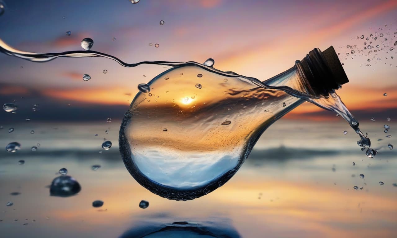  Realistic photo of a bottle pouring out crystal clear water, with many splashes and droplets, set against a beautiful sunset background. hyperrealistic, full body, detailed clothing, highly detailed, cinematic lighting, stunningly beautiful, intricate, sharp focus, f/1. 8, 85mm, (centered image composition), (professionally color graded), ((bright soft diffused light)), volumetric fog, trending on instagram, trending on tumblr, HDR 4K, 8K