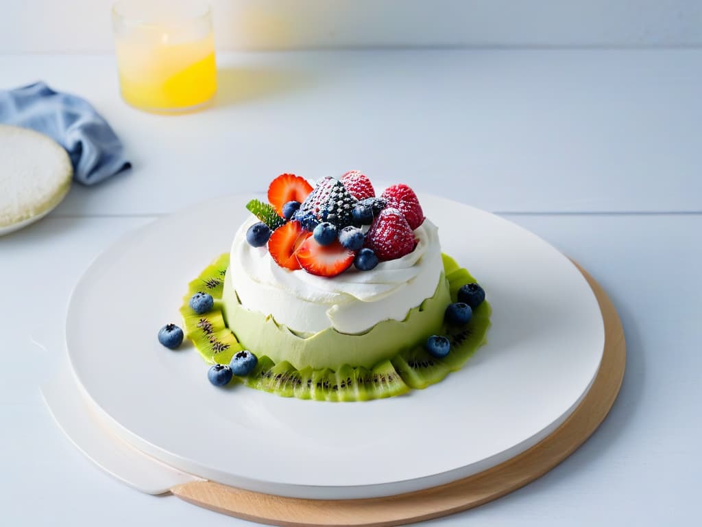  An image of a beautifully plated Pavlova dessert, a meringuebased dessert with fresh fruits like kiwi and berries on top, set against a clean white background with soft natural lighting to emphasize the elegant simplicity and vibrant colors of the dish. hyperrealistic, full body, detailed clothing, highly detailed, cinematic lighting, stunningly beautiful, intricate, sharp focus, f/1. 8, 85mm, (centered image composition), (professionally color graded), ((bright soft diffused light)), volumetric fog, trending on instagram, trending on tumblr, HDR 4K, 8K