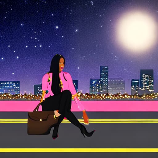  illustration african american female, wearing black leather pants, with black leather boots , with black braids, gold hoop earrings, sitting on a midnight black 300m mercedes benz , at a stary  night on the highway