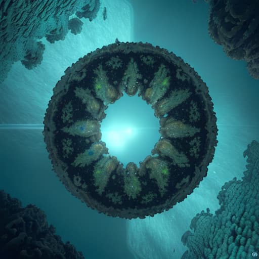  A high-definition picture of a robot at the bottom of the sea, in which there are various algae and coral organisms in the ocean, the robot looks up at the sea surface, and the beam of light from the sea surface is directed to the bottom of the sea.