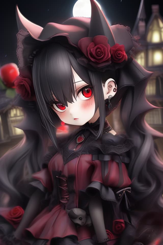  Bat,vampire,goth loli,gothic lolita,black hair,red eyes,bat feathers,red moon,moonlight,Western style house,suspicious Western style house,beautiful,beautiful,cute,red rose、(absurd detailed:1.4、best quality:1.4、masterpiece:1.4)、