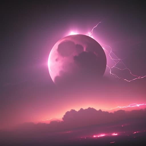  Moon with atmosphere seen from space lightning storm pink cinematic photorealistic very detailed