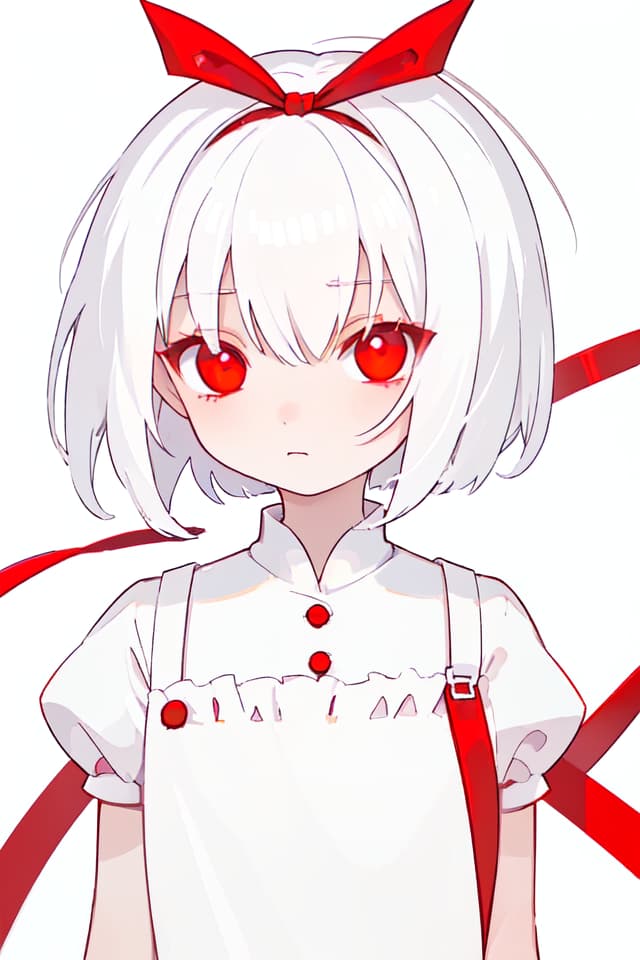  White hair, red ribbon, red eyes, whole body, quiet, bob, white, hair ribbon, adult