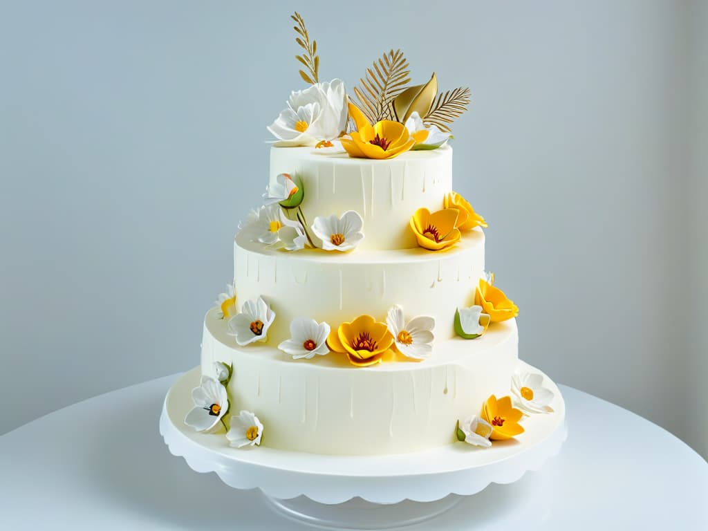  An ultradetailed illustration of a beautifully decorated threetiered cake, adorned with intricate sugar flowers, delicate piping details, and shimmering gold accents. The cake sits on a sleek, modern cake stand against a clean, white background, showcasing the precision and artistry of professional pastry design. hyperrealistic, full body, detailed clothing, highly detailed, cinematic lighting, stunningly beautiful, intricate, sharp focus, f/1. 8, 85mm, (centered image composition), (professionally color graded), ((bright soft diffused light)), volumetric fog, trending on instagram, trending on tumblr, HDR 4K, 8K