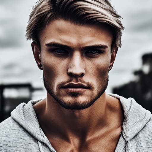 portrait+ style Russian queer fitness model blonde hunk dude face