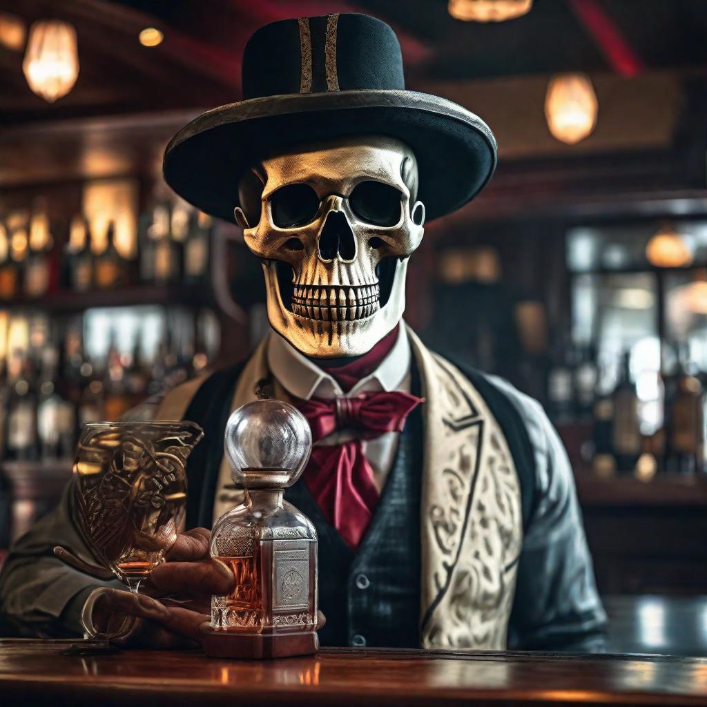  Barman antiguo calavera hyperrealistic, full body, detailed clothing, highly detailed, cinematic lighting, stunningly beautiful, intricate, sharp focus, f/1. 8, 85mm, (centered image composition), (professionally color graded), ((bright soft diffused light)), volumetric fog, trending on instagram, trending on tumblr, HDR 4K, 8K