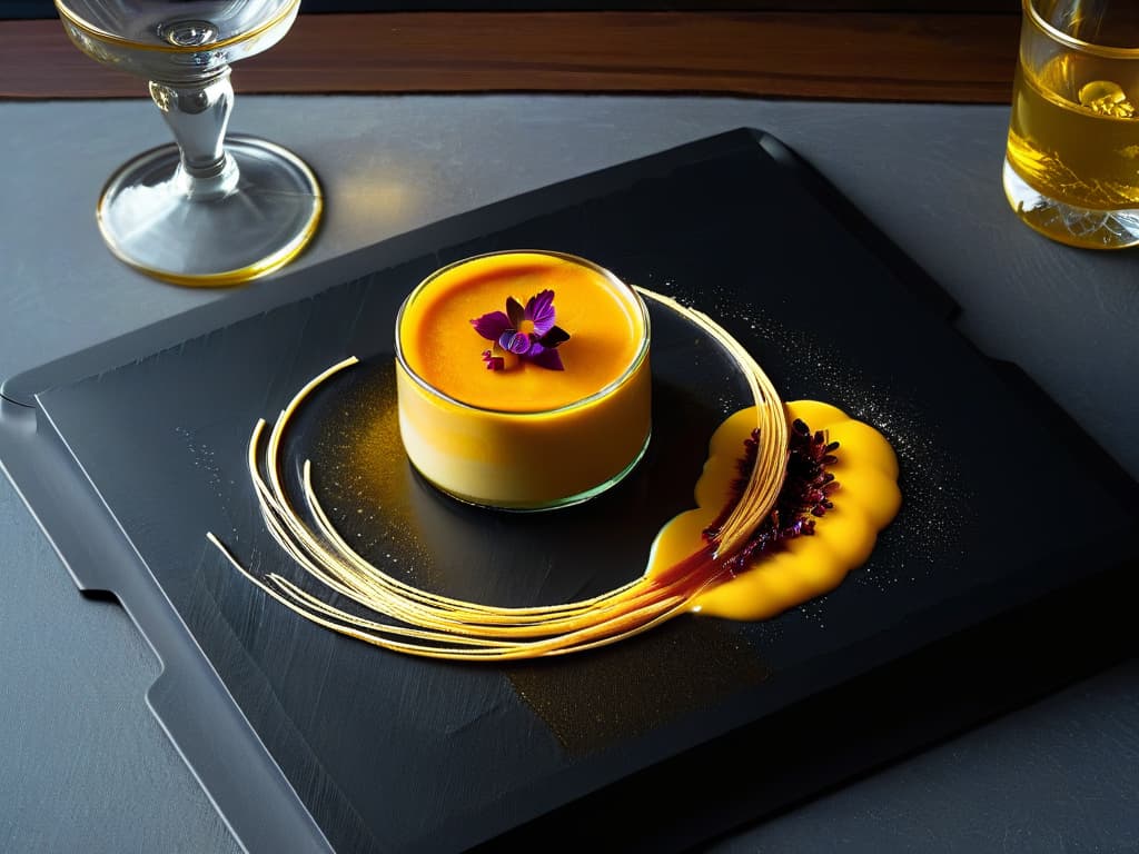  An elegant and minimalistic image of a sophisticated dessert plate featuring a rich saffroninfused creme brulee topped with delicate strands of saffron threads, served alongside a glass of golden dessert wine in a fine crystal glass. The dessert plate is set on a sleek black slate surface, enhancing the luxurious and gourmet feel of the presentation. The warm, golden hues of the saffron and wine create a visually appealing and appetizing contrast against the dark background, exuding a sense of indulgence and refinement. hyperrealistic, full body, detailed clothing, highly detailed, cinematic lighting, stunningly beautiful, intricate, sharp focus, f/1. 8, 85mm, (centered image composition), (professionally color graded), ((bright soft diffused light)), volumetric fog, trending on instagram, trending on tumblr, HDR 4K, 8K