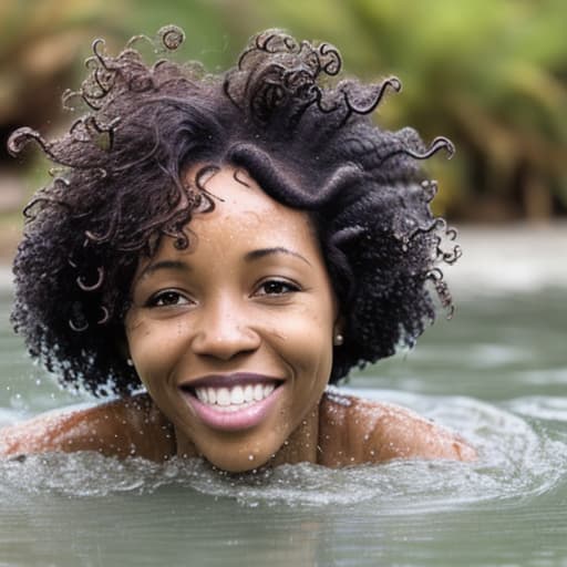  african woman with short and curly hair drowning in the water