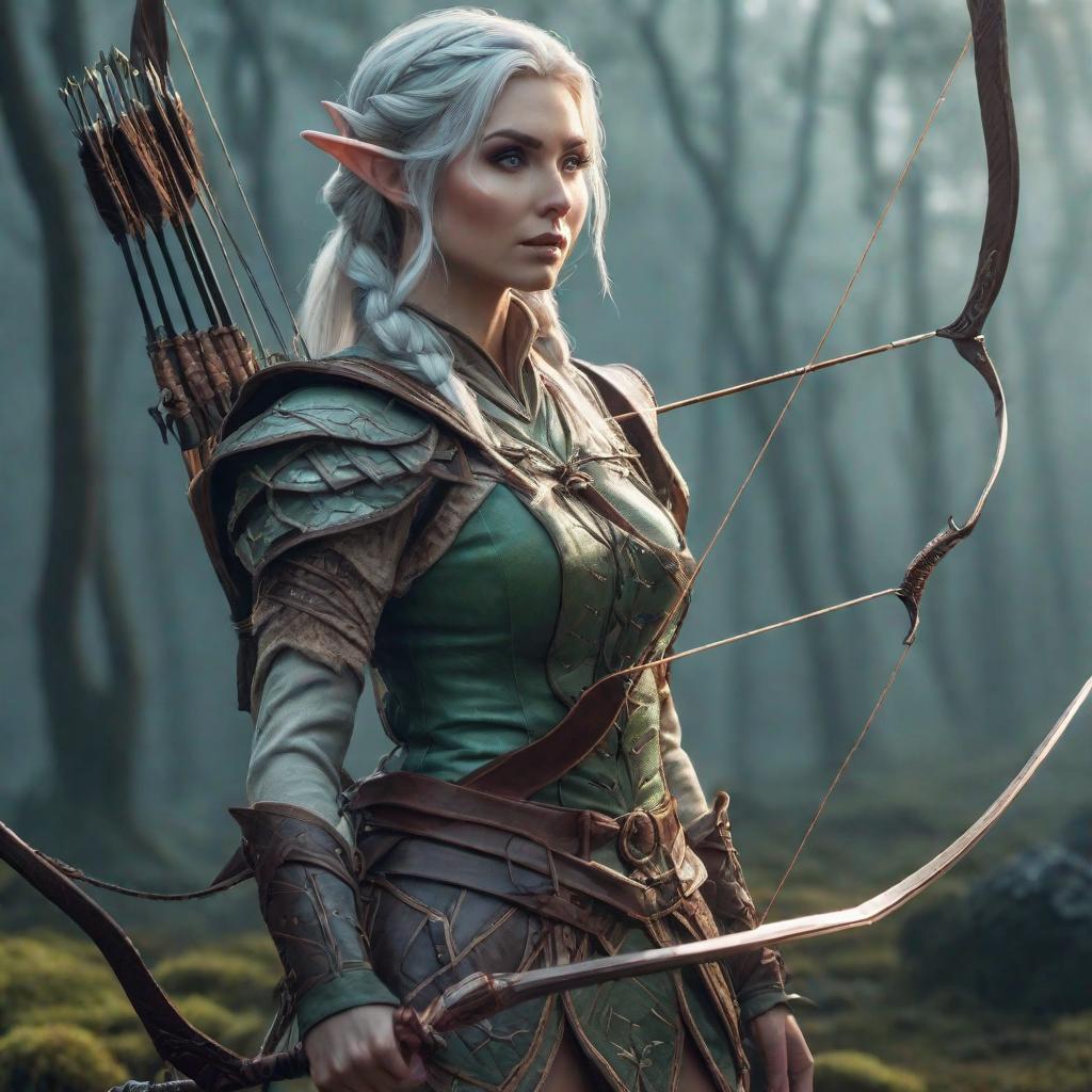  cinematic elf woman with bow, cute, hyper detail, full HD hyperrealistic, full body, detailed clothing, highly detailed, cinematic lighting, stunningly beautiful, intricate, sharp focus, f/1. 8, 85mm, (centered image composition), (professionally color graded), ((bright soft diffused light)), volumetric fog, trending on instagram, trending on tumblr, HDR 4K, 8K