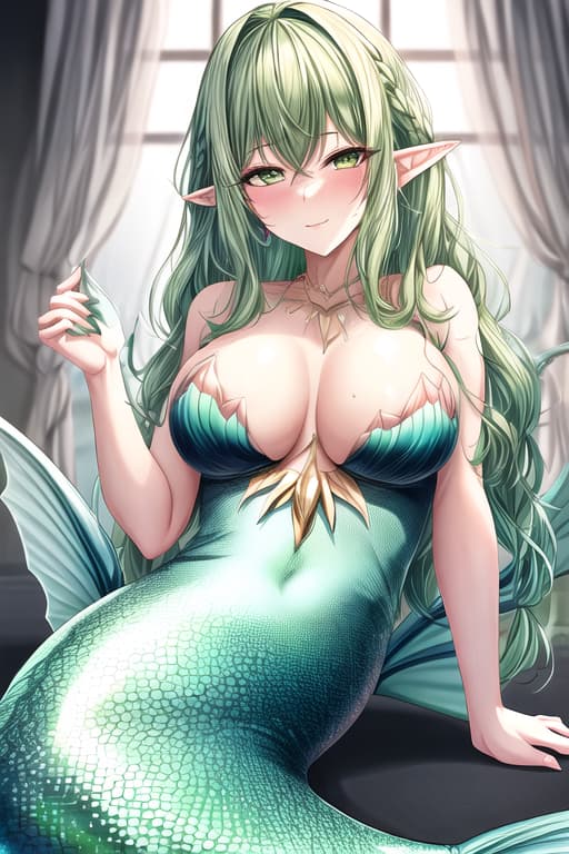  beautiful mature mermaid woman,pointy ears,oily skin,seductive gaze,pastel green hair,women, masterpiece, best quality, high quality, solo