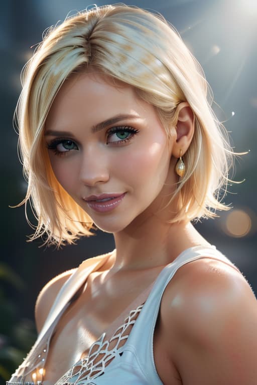  1girl,1girl,blonde short hair,straight hair,upper body shot,shirt,smile hyperrealistic, full body, detailed clothing, highly detailed, cinematic lighting, stunningly beautiful, intricate, sharp focus, f/1. 8, 85mm, (centered image composition), (professionally color graded), ((bright soft diffused light)), volumetric fog, trending on instagram, trending on tumblr, HDR 4K, 8K