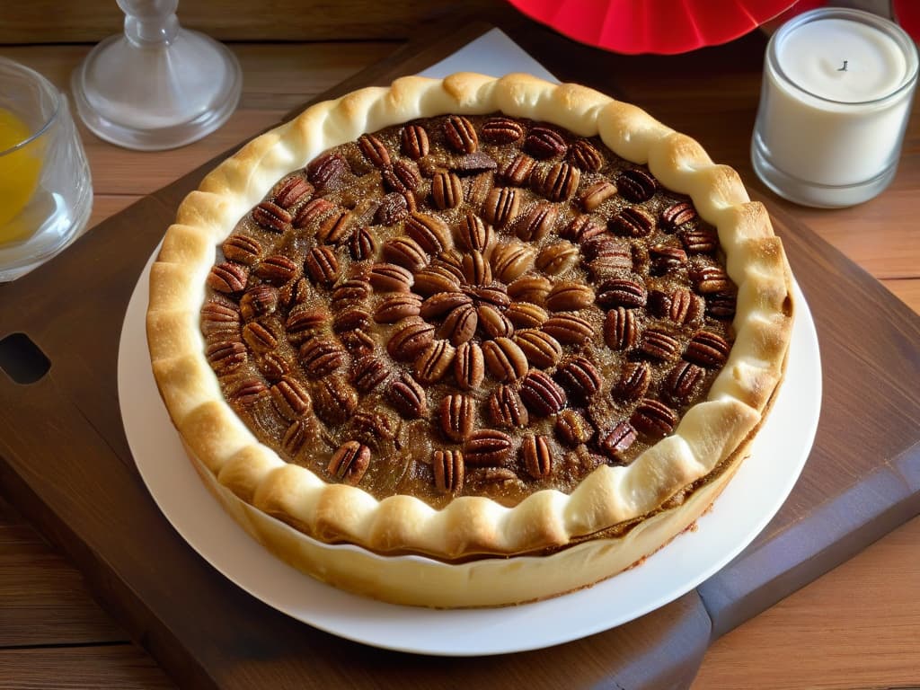  A closeup, photorealistic image of a freshly baked pecan pie resting on a rustic wooden table. The golden crust is perfectly crimped, revealing a luscious filling of caramelized pecans and a hint of vanilla. The pie is garnished with a dollop of whipped cream and a sprinkle of chopped pecans, inviting the viewer to indulge in its rich, nutty aroma. The warm lighting highlights the glossy surface of the pie, creating a mouthwatering and irresistible image. hyperrealistic, full body, detailed clothing, highly detailed, cinematic lighting, stunningly beautiful, intricate, sharp focus, f/1. 8, 85mm, (centered image composition), (professionally color graded), ((bright soft diffused light)), volumetric fog, trending on instagram, trending on tumblr, HDR 4K, 8K