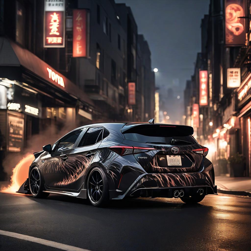  gothic style Design a specially made Toyota Auris, clad in carbon fiber, Spewing flames from its huge exhaust pipes, On the streets of Tokyo City at night, demonstrating nightlife/image Design a specially made Toyota Auris, clad in carbon fiber, Spewing flames from its huge exhaust pipes, On the streets of Tokyo City at night, Demonstrating nightlife . dark, mysterious, haunting, dramatic, ornate, detailed hyperrealistic, full body, detailed clothing, highly detailed, cinematic lighting, stunningly beautiful, intricate, sharp focus, f/1. 8, 85mm, (centered image composition), (professionally color graded), ((bright soft diffused light)), volumetric fog, trending on instagram, trending on tumblr, HDR 4K, 8K