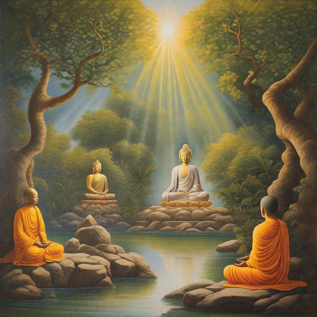  masterpiece, best quality, Buddha and his disciples, depicted in a serene setting within the ashram, gestures towards a secluded corner, indicating the path of introspection and silence for the traveler. Soft rays of sunlight illuminate the scene, symbolizing the enlightenment that awaits the traveler on his journey of self-discovery.